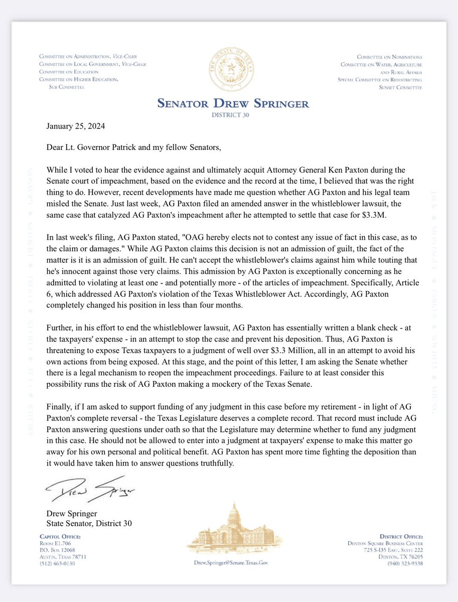 Patrick Svitek (@patricksvitek) on Twitter photo Retiring Republican state Sen. <a href="/DrewSpringer/">Drew Springer</a>, who voted to acquit <a href="/KenPaxtonTX/">Attorney General Ken Paxton</a> in impeachment trial, asks <a href="/DanPatrick/">Dan Patrick</a> and colleagues if there’s a way to “reopen” the proceedings after Paxton decided to not contest whistleblower lawsuit #txlege Retiring Republican state Sen. <a href="/DrewSpringer/">Drew Springer</a>, who voted to acquit <a href="/KenPaxtonTX/">Attorney General Ken Paxton</a> in impeachment trial, asks <a href="/DanPatrick/">Dan Patrick</a> and colleagues if there’s a way to “reopen” the proceedings after Paxton decided to not contest whistleblower lawsuit #txlege