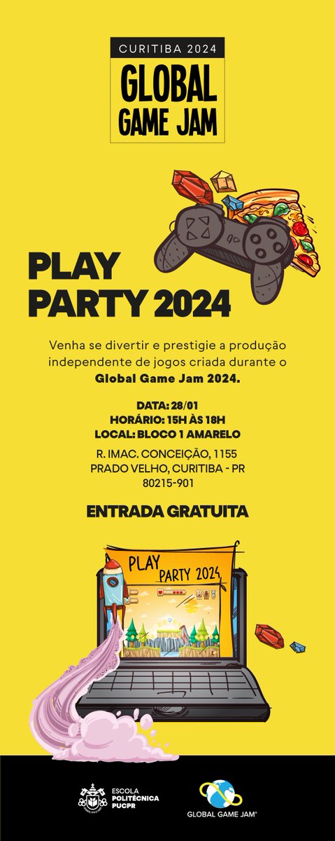 ggjpucpr's tweet photo. Mas se quiser só nos visitar a @globalgamejam Curitiba, não precisa se inscrever! No Domingo (28/1) é a nossa Play Party, exposição e jogatina dos jogos produzidos, GRATUITA e aberta ao público em geral das 15h às 18h no Bloco Amarelo da @PUCPRoficial !
#ggj24 #ggjcwb https://t.co/XfyizdQyug