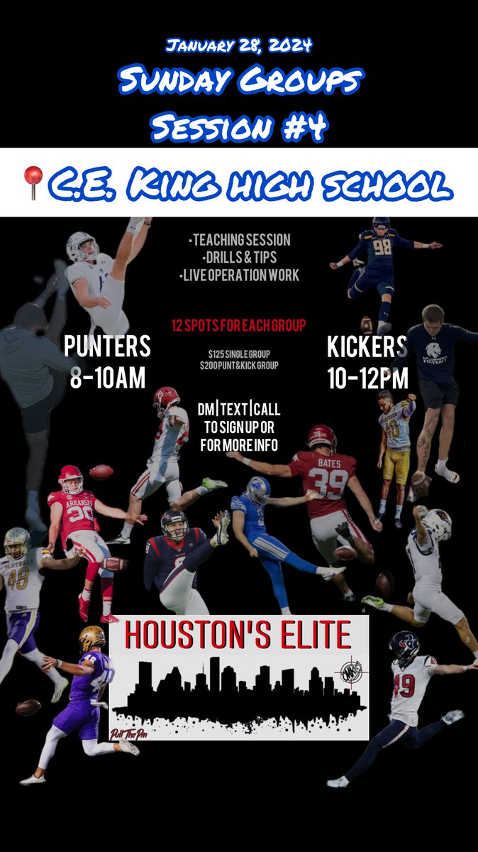๐พ๐ค๐๐ฎ ๐๐๐ฃ๐๐๐ก๐ก ๐๐๐๐ ๐๐ฃ๐ (@cmkicking) on Twitter photo Group Session 4๏ธโฃ of 2024
-
Punters first from 8-10am.
Kickers follow from 10am to noon.
-
โข12 spots available for each group
โขTeaching Session + Drillwork
โขLIVE OPERATION PUNT & FG
-
Come out this Sunday and see why we produce talented guys year after year.
-
#HoustonsELITE Group Session 4๏ธโฃ of 2024
-
Punters first from 8-10am.
Kickers follow from 10am to noon.
-
โข12 spots available for each group
โขTeaching Session + Drillwork
โขLIVE OPERATION PUNT & FG
-
Come out this Sunday and see why we produce talented guys year after year.
-
#HoustonsELITE
