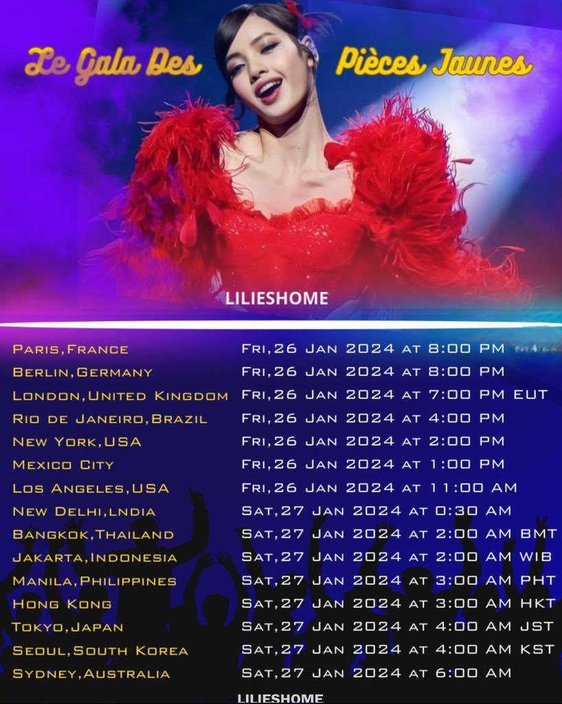 🌟Le Gala des Pièces Jaunes : TWITTER PARTY🌟  

คอนเสิร์ตจะเริ่มตีสอง วันที่ 27 ม.ค. เวลาไทยนะคะ เราจะเทรนด์กันคร่าวๆ เวลานั้น (รอบ้านเบสเริ่มก่อนนะคะ) 

ใช้แฮชแท็กในโปสเตอร์ ตรวจสอบตัวสะกดให้ดีด้วยค่ะ

#LISA #LALISA #MONEY