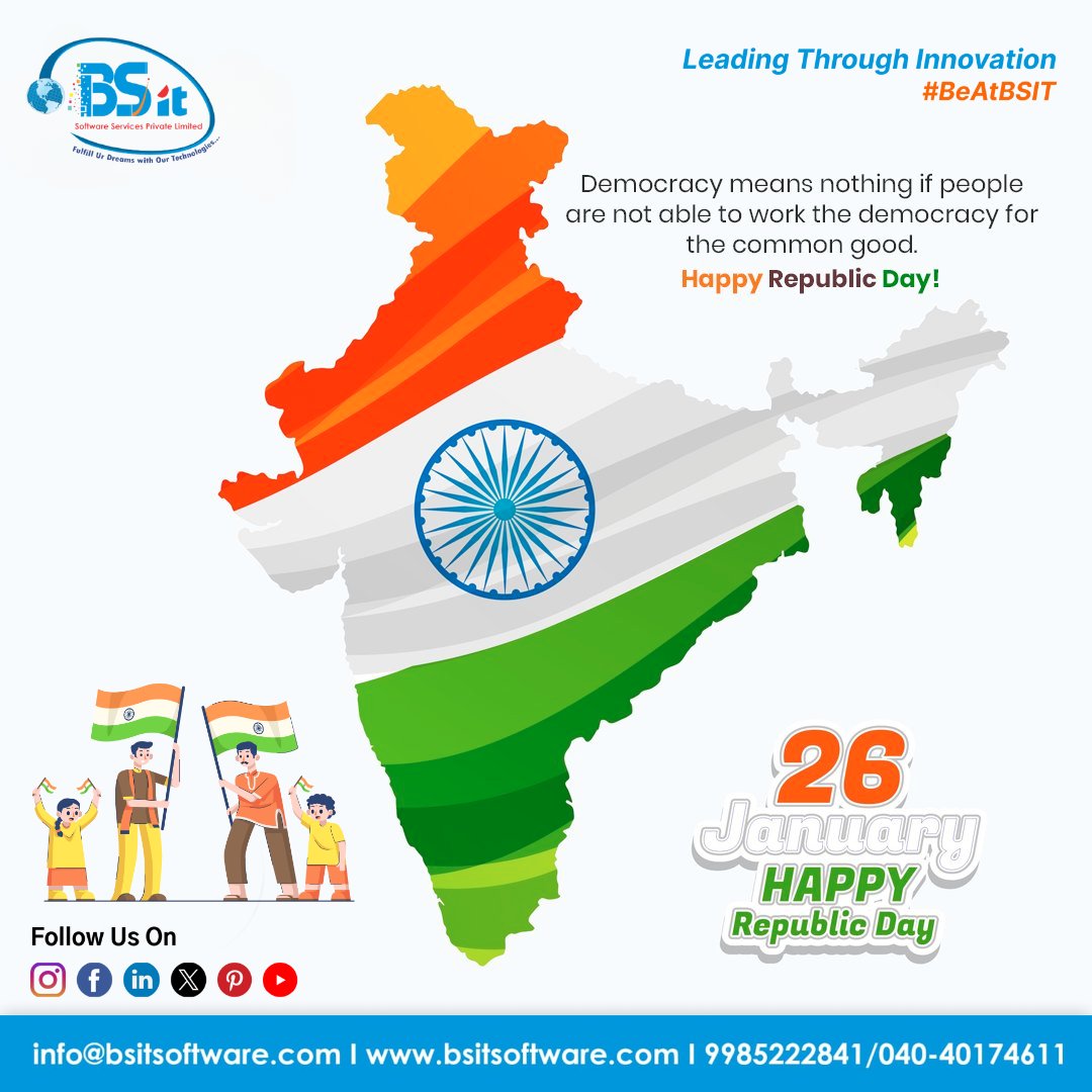 #Democracy thrives when people #Work together for the common good. #Wishing you a #Happy #Republic #Day!

#bsitsoftware #bsit #RepublicDay #DemocracyInAction #CommonGood #UnityInDiversity #ProudIndian #RepublicCelebration #ConstitutionalValues #Nationhood #HappyRepublicDay