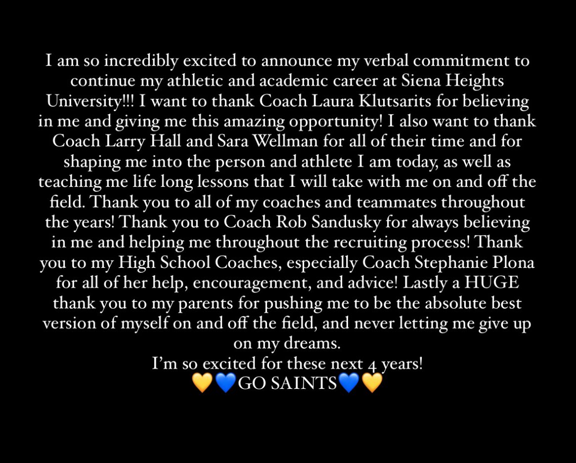 I’m so incredibly blessed and excited to announce my commitment to Siena Heights University!!!💙💛💙💛
<a href="/sienaheightsu/">Siena Heights</a> <a href="/MBatbusters/">Michigan Batbusters</a> <a href="/CHSMonarchAthl/">Cabrini Monarch Athletics</a>