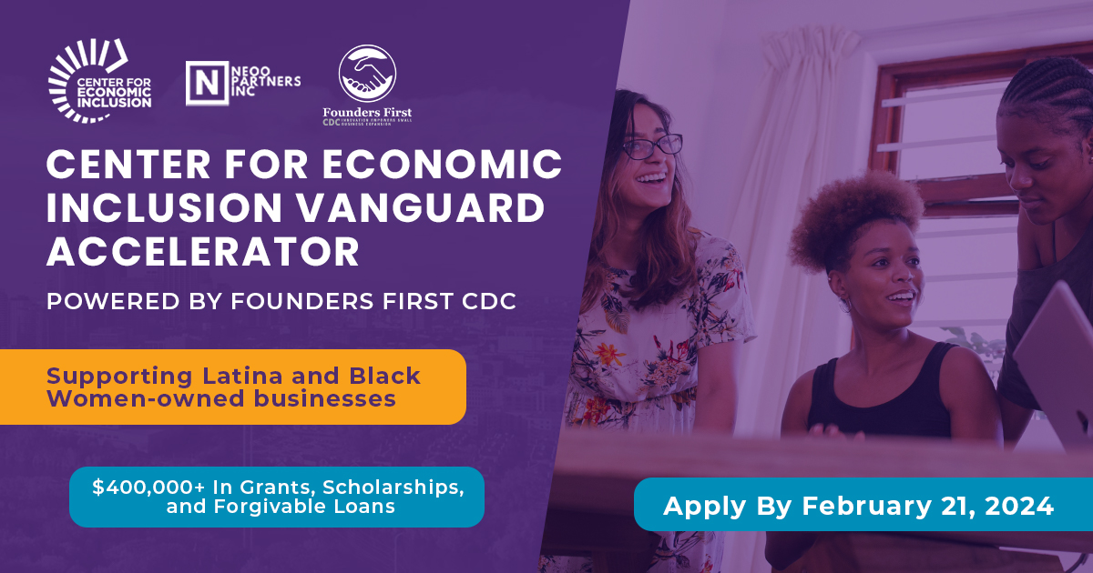 We are excited to announce the 3rd round for the Center for Economic Inclusion Vanguard Accelerator in collaboration with NEOO Partners Inc., dedicated to supporting #Latina and #Black women-owned businesses. Apply today: ff-cdc.org/3SdKHEb