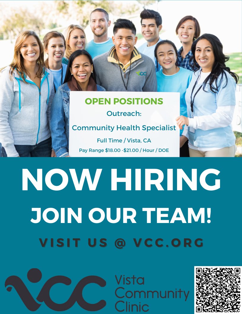 Join our team. Vista Community Clinic is hiring! Click on the link below to see all our open positions and apply today! …ortaln-vistacommunityclinic.icims.com Vista Community Clinic is an Equal Opportunity Employer. #VCC #ChooseHealth #HiringNow #HealthcareCareers #JobSeekersSA