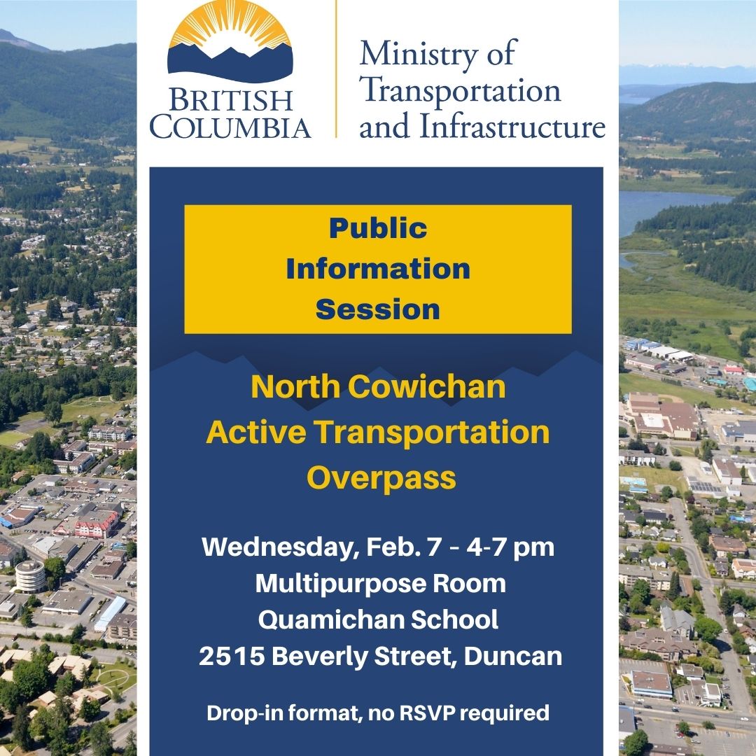 📢 Attention residents of #NorthCowichan and #Duncan! We’ve released details of a proposed new active transportation overpass connecting either side of #BCHwy1. Learn more at the public information session on Feb. 7, from 4-7pm, at Quamichan School: news.gov.bc.ca/releases/2024M…