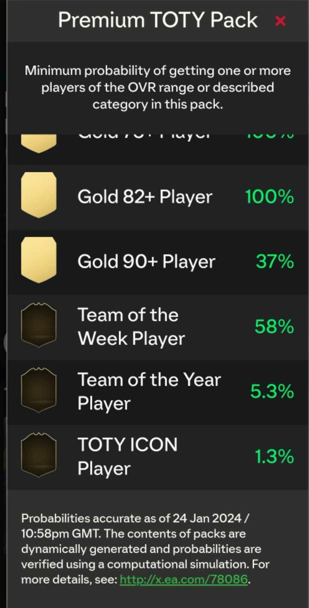 saf_cal's tweet photo. Hi EA

How do we have half the chance of packing a TOTY as yesterday but double the number of TOTY cards available?

1️⃣ Today's odds 
2️⃣ Yesterday's odds https://t.co/Iwqx6aCELb