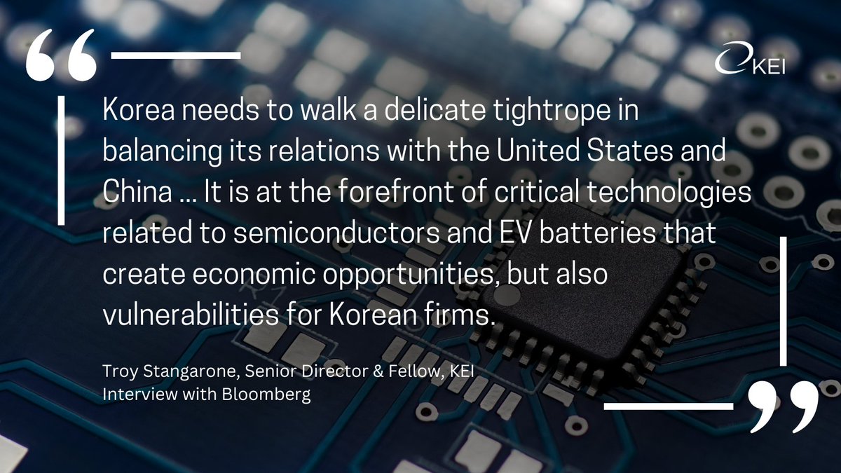 Troy Stangarone, Senior Director &amp; Fellow at KEI, spoke with <a href="/Bloomberg/">Bloomberg</a> about the challenges South Korean #semiconductor companies face amid US-China tensions.  Read the full story 📝: bloom.bg/3SrSxv8