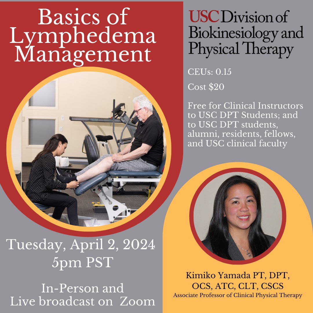 New Course!
.
Basics of Lymphedema Management with Kimiko Yamada, PT, DPT, OCS, ATC, CLT, CSCS
.
April 2, 2024
5pm-6:30pm PST

cvent.me/GPzNBR?locale=…
