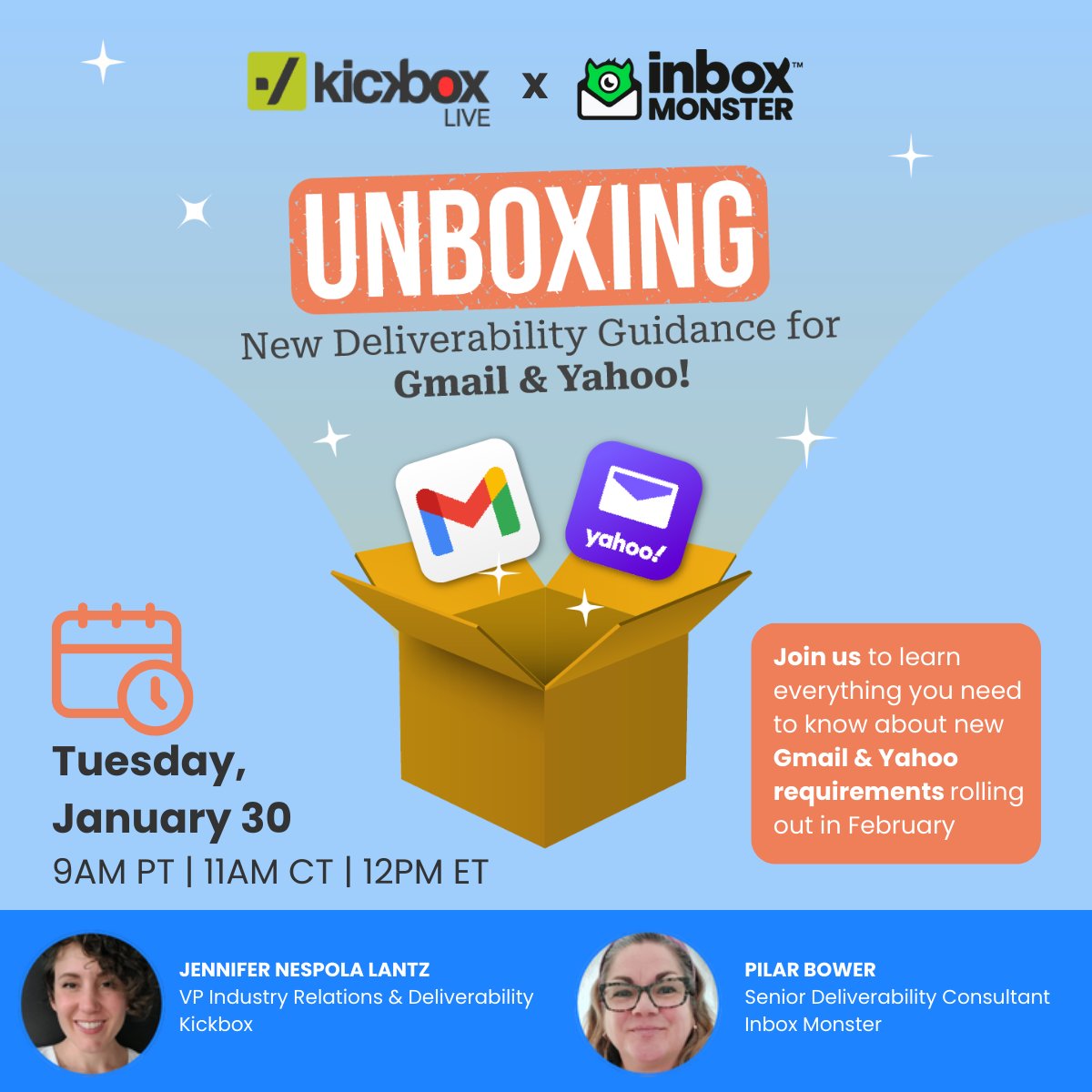 Are you ready for NEW #Gmail & #YahooMail requirements coming this February? Join our upcoming webinar (1/30) w/ #deliverability experts @emailDELIVbyJEN from Kickbox & Pilar Bower from @inboxmonsters to learn everything you need to know. Save your spot: ow.ly/9ChN50QuEYo