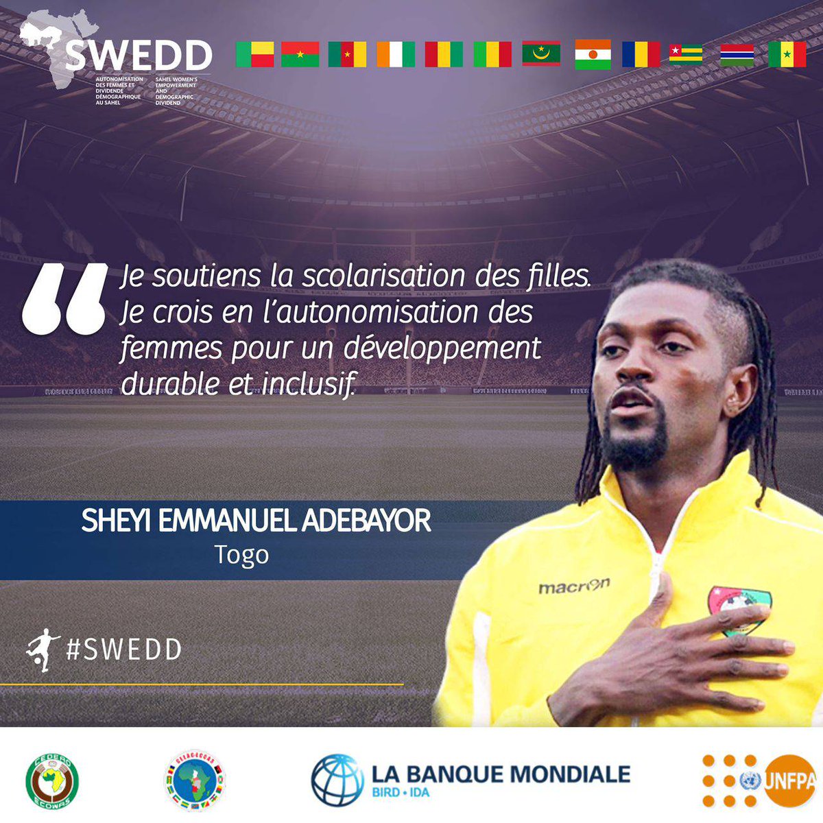Entendez l'appel d'Emmanuel Adebayor : "Je crois en l'autonomisation des femmes pour un développement durable et inclusif." Ces mots ne sont pas que des paroles; ils sont l'écho de milliers de rêves de filles. Portons ces rêves ensemble. #SWEDDgirlsCAN #StrongerTogether #CAN2024