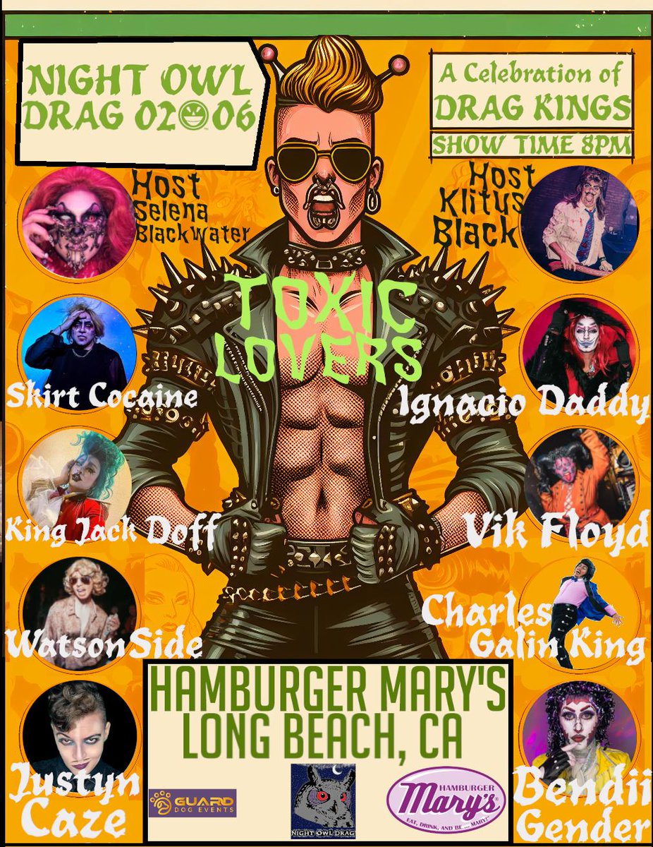 Join us for Night Owl Drag: Toxic Lovers on Feb 6th for this star studded cast of Kings!  
#Drag #dragart #dragking #drabking #altdrag #alternativedrag #dragisart #dragshow #hamburgermarys #longbeach #california #Dragqueen #Dragmonster #fyp #foryourpage #toxic #lover #toxiclove