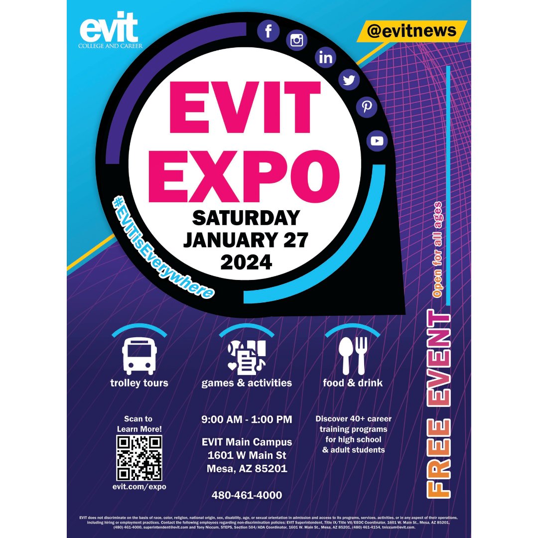 NavigatEdAZ's tweet photo. Looking forward to meeting &amp; talking to families at the EVIT Expo on Saturday! Did you know @EVITnews has 40+ career training programs? Don’t miss out - all ages are welcome &amp; there will be food, games, and activities. Join the fun on Saturday from 9 to 1! https://t.co/BxfydUvVca