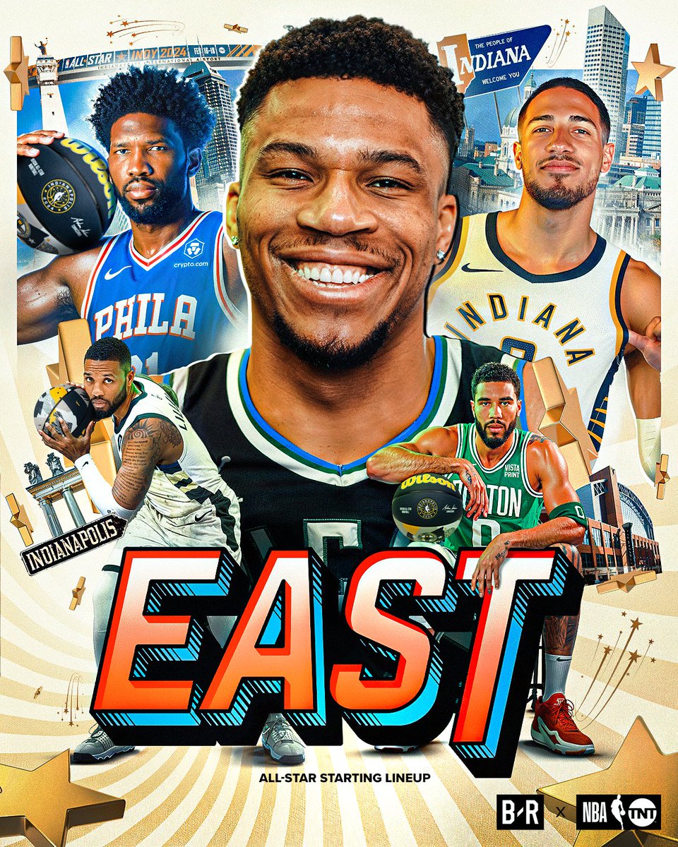 2024 EAST ALL-STAR STARTERS:
 
⭐️ Damian Lillard
⭐️Tyrese Haliburton
⭐️ Jayson Tatum
⭐️ Giannis Antetokounmpo
⭐️ Joel Embiid