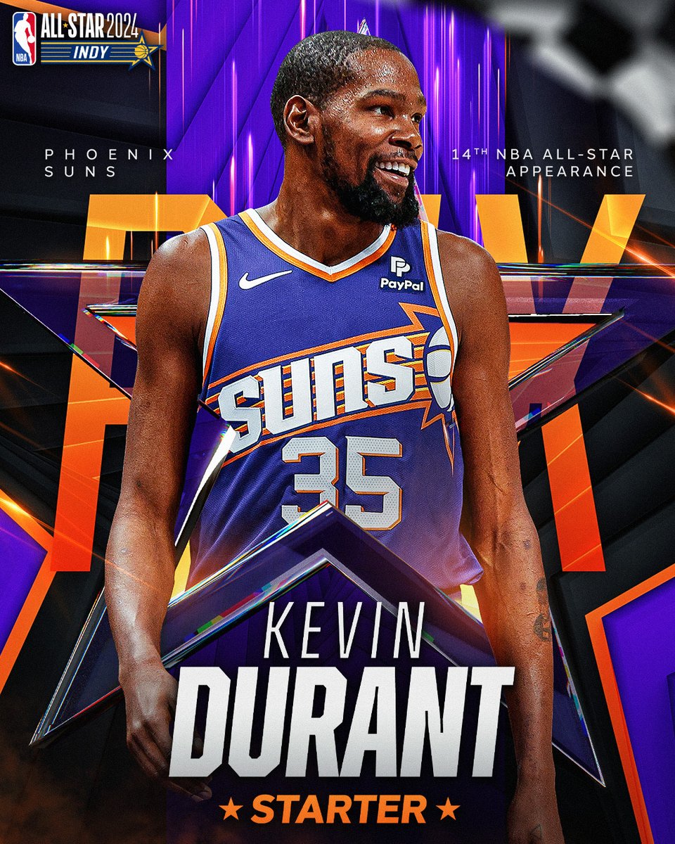 Making his 14th #NBAAllStar appearance... Kevin Durant of the <a href="/Suns/">Phoenix Suns</a>.

Drafted as the 2nd pick in 2007 out of Texas, <a href="/KDTrey5/">Kevin Durant</a> is averaging 29.1 PPG, 6.4 RPG and 5.7 APG for the Suns this season.