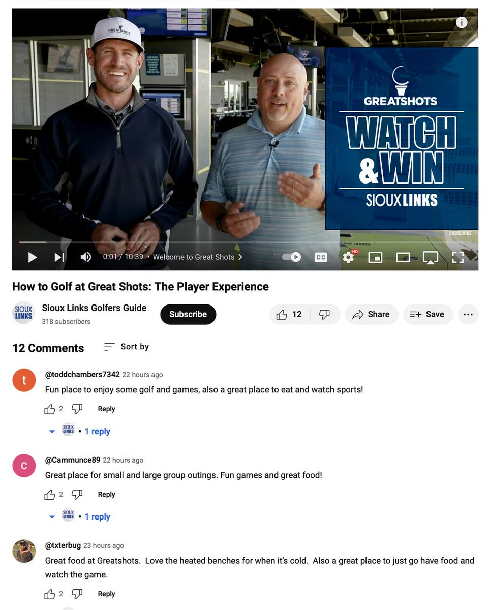 Comment on the video by 8 PM Friday to be eligible to win a Great Shots prize pack! Only 12 comments so far. Your chances are good. youtube.com/watch?v=mC46Yx… @greatshotsgolf #win