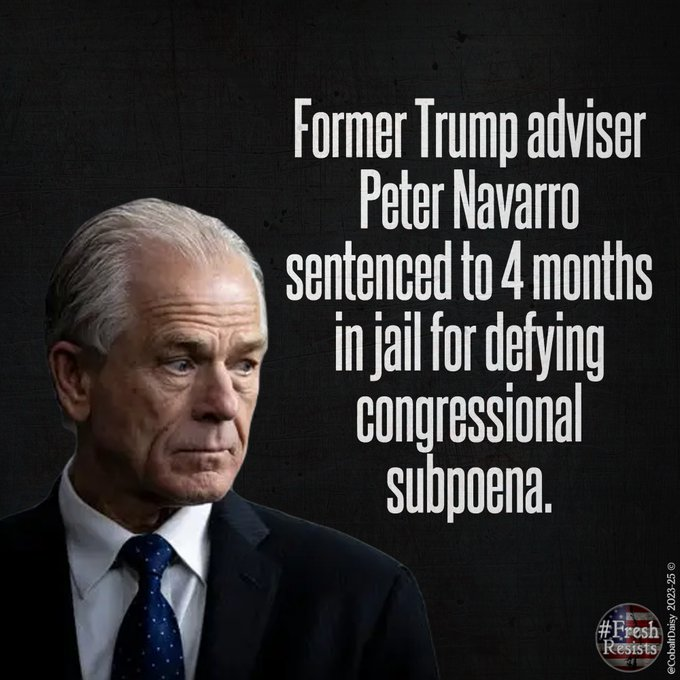 Joanhussey1's tweet photo. Peter Navarro sentenced to 4 months for defying congressional subpoena.

Now do Jim Jordan.

#FRESH #DemVoice1 https://t.co/cp5HqFTqkS