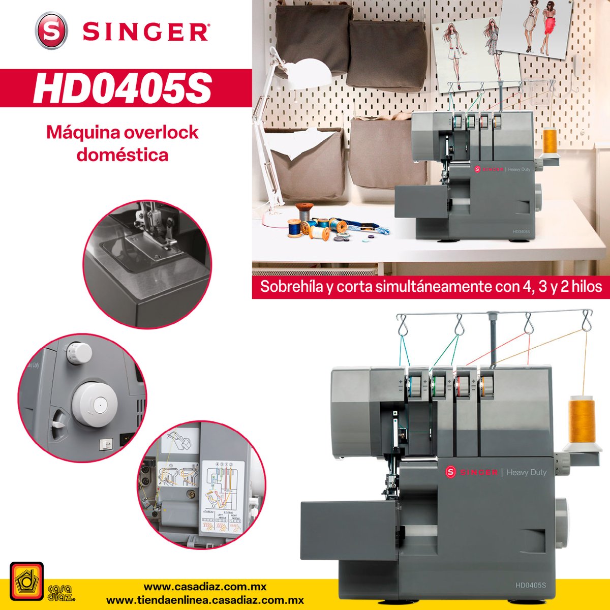 CasaDiazMX's tweet image. Obtén resultados profesionales gracias a su motor de alta potencia, maximiza tu negocio de costura y da acabados a diferentes tipos de tejidos con la #singer #overlock HD0405S, esta máquina sobrehíla y corta simultáneamente con 4, 3 y 2 hilos, realiza diferentes terminados como: