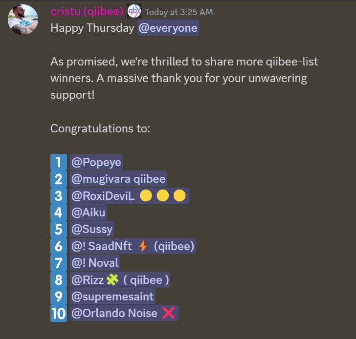 Congrats to the latest <a href="/qiibeefdn/">qiibee foundation</a>-list winners! 

Happy to see <a href="/RoxiDevil0001/">Roxi_DEVIL</a> and <a href="/saadnft2/">Saad NFT</a>, my OG  qiibee peepz on the list!!!

@c4ctusNFT <a href="/cristu/"></a> <a href="/eclcrypto/">ec</a> <a href="/HendrixxWeb3/">Hendrixx</a> <a href="/gabriele_qbx/">Gabriele Giancola</a> <a href="/GQBDnet/">GQBD - Gianluca G. Giancola</a> <a href="/BerlinhoNFT/">Berlinho</a> <a href="/WaleNFTs/">Leo</a> <a href="/mickeyhardy/"></a> <a href="/WayneL_/">WayneL</a> @SSPxLEO
📷