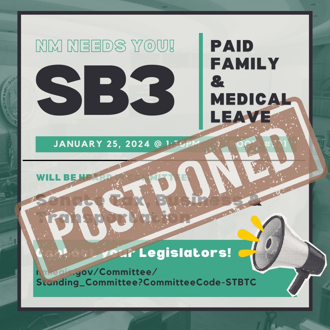 📢 #SB3 Update: The decision on the #PFML bill has been postponed, but our mission doesn't stop here! 📅 Stay tuned for the new date next week. Let's ensure our voices are heard loud and clear! 🔁 RT to keep the momentum going! 💪 #NMPFML #StrongerNM #nmpol #nmleg