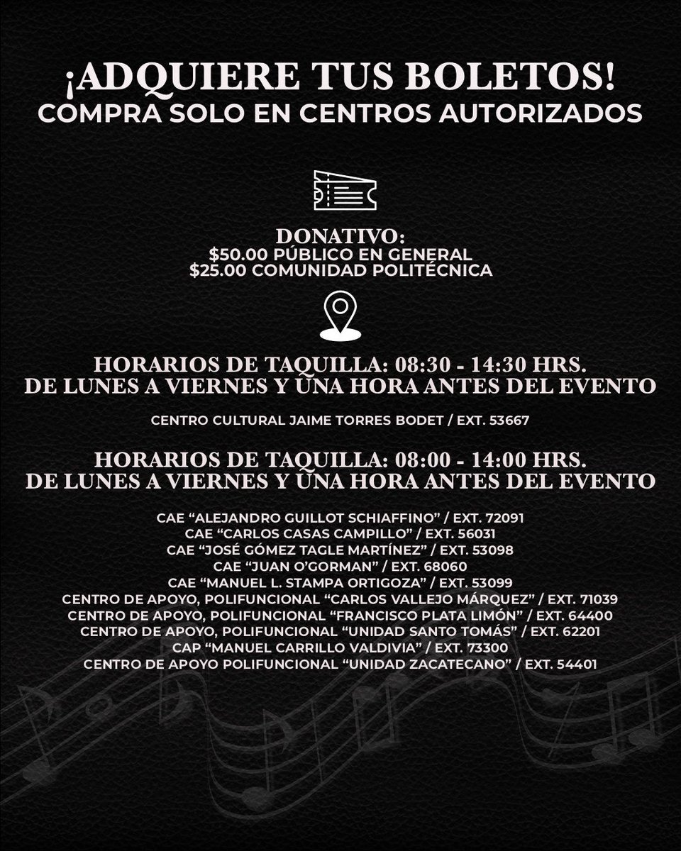 Les contamos dónde y en qué horarios adquirir sus boletos ¡Les esperamos! 🥳🎻

#osipn1ratemporada2024
Orquesta Sinfónica del Instituto Politécnico Nacional (#OSIPN)

#ElPoliEsCultura