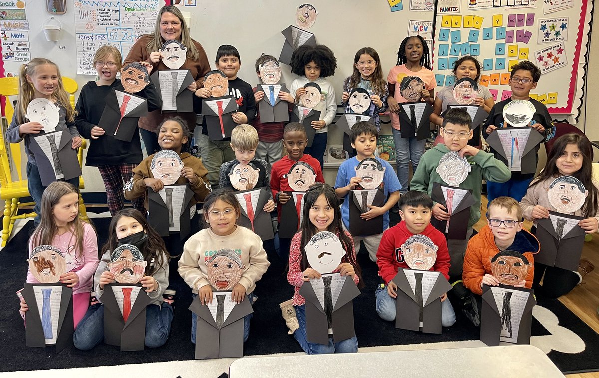 MrsRasmussen27's tweet photo. Lots of work went into these Martin Luther King Jrs.  We read lots of books and articles and watched videos to research facts.  Then students wrote an informational paragraph with a topic sentence, details, and a conclusion. https://t.co/EBJz6QKt4K