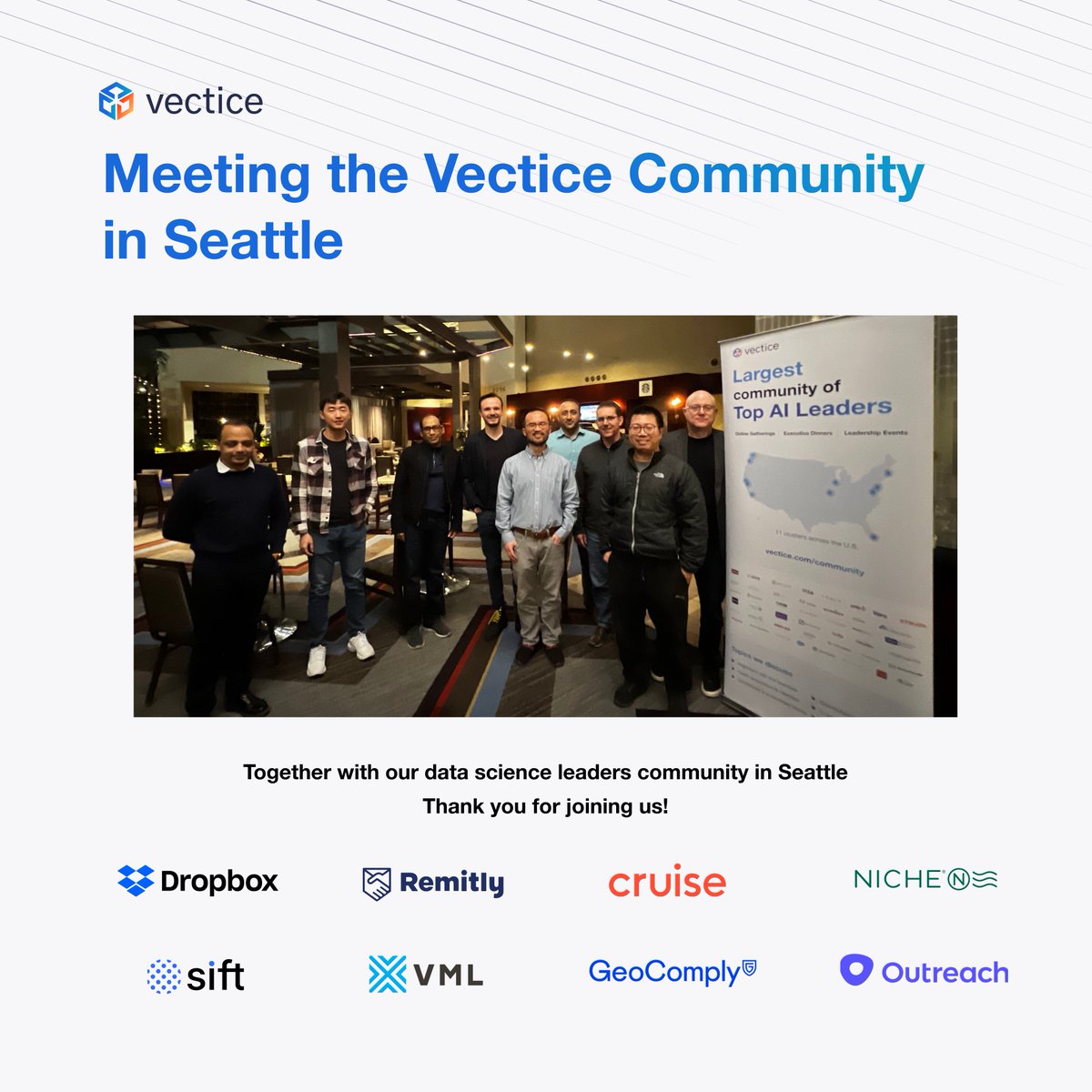🌐Our roadshow continues! This time, we gathered top AI leaders in Seattle from Dropbox, Sift, Remitly, VML, Cruise, GeoComply, Outreach, and Niche to share their challenges and experiences leading AI initiatives.

Discover the insights ➡️ blog.vectice.com/seattle-dinner