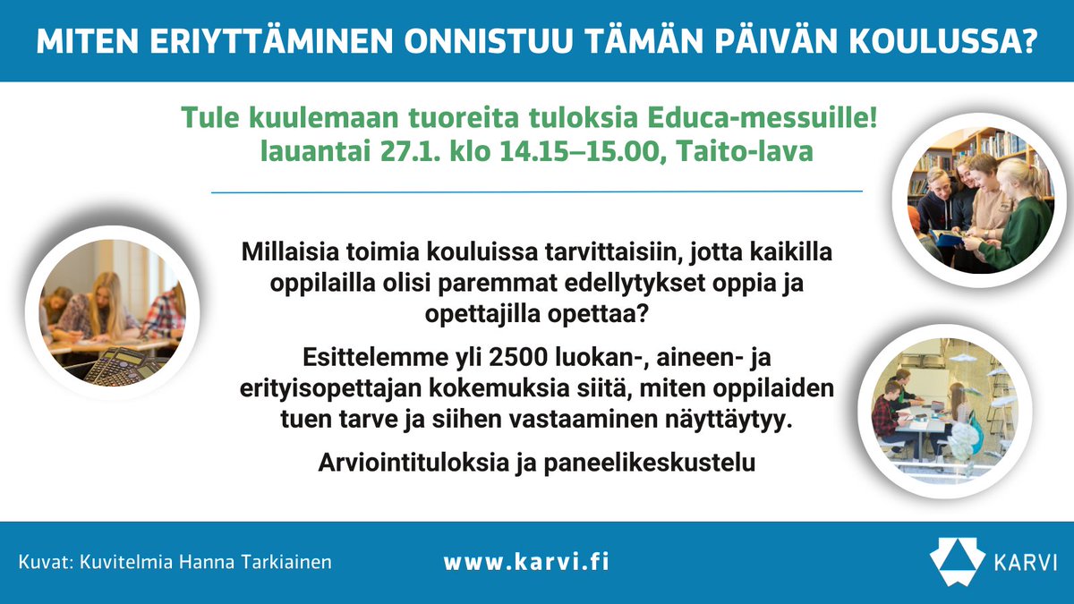 Miten eriyttäminen onnistuu koulussa? Tule #Educa2024-messuille kuulemaan tuoreita tuloksia siitä, miten perusopetuksen opettajat kokevat eriyttämisen ja joustavat opetusjärjestelyt työssään. La 27.1. klo 14.15–15.00, Taito-lava. Lue lisää: 
educa.messukeskus.com/ohjelma/625b47… 
#perusopetus