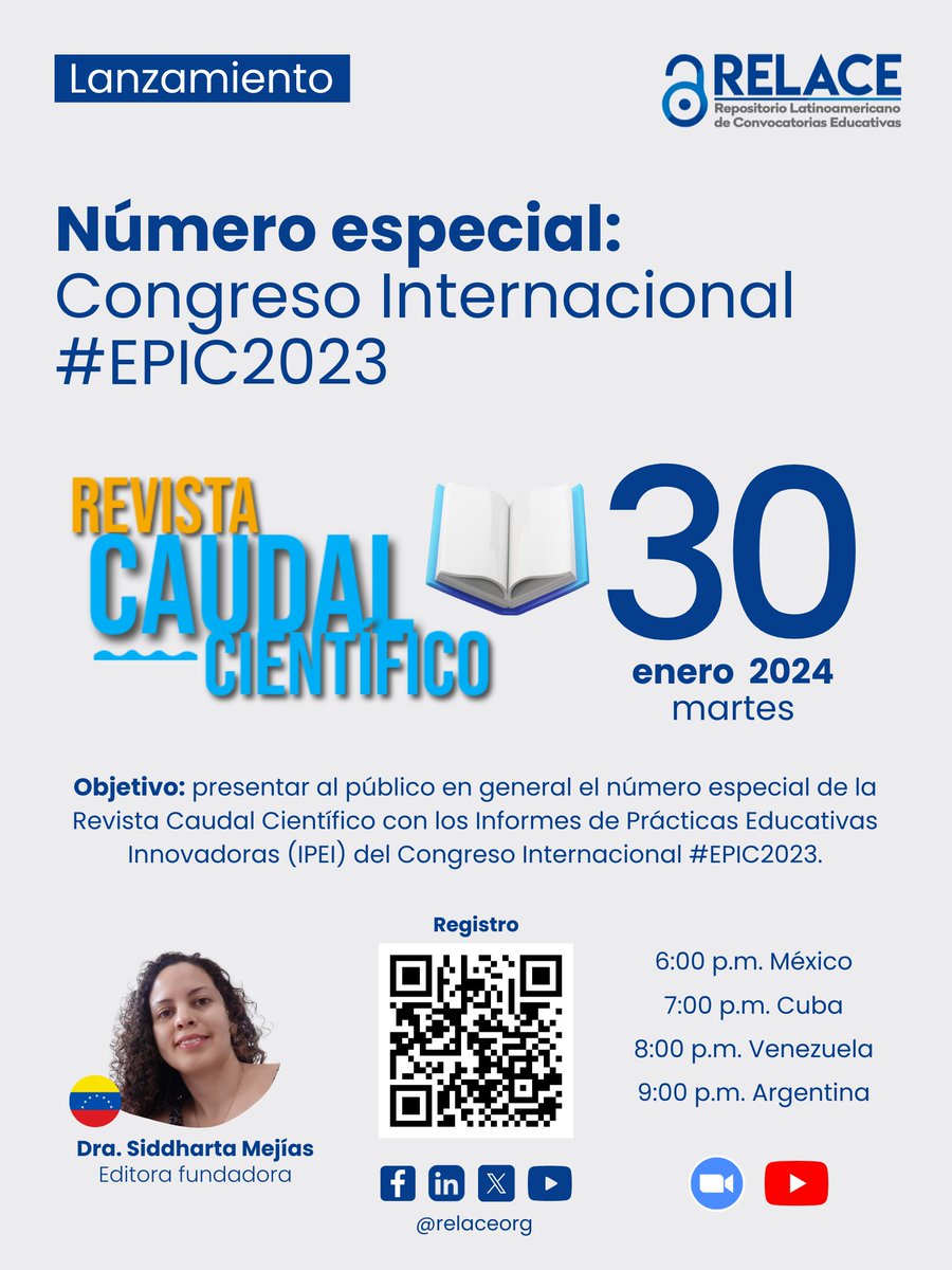 relaceorg's tweet image. ¡Hola RELACE! 
Acompáñanos en el lanzamiento del número especial: Congreso Internacional #EPIC2023, en colaboración con la Revista Caudal Científico. 🎉
📌Regístrate ya: forms.gle/P3zL2hEkrD6L1P…

Fecha: 30 de enero de 2024 
Horario: 06:00 p.m. Hora de México
 #RELACE #webinars