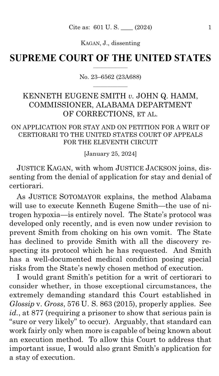 BREAKING: over the dissents of the three liberal justices, the Supreme Court denies a stay request and petition from Kenneth Eugene Smith. Alabama intends to execute Smith by means of nitrogen gas.