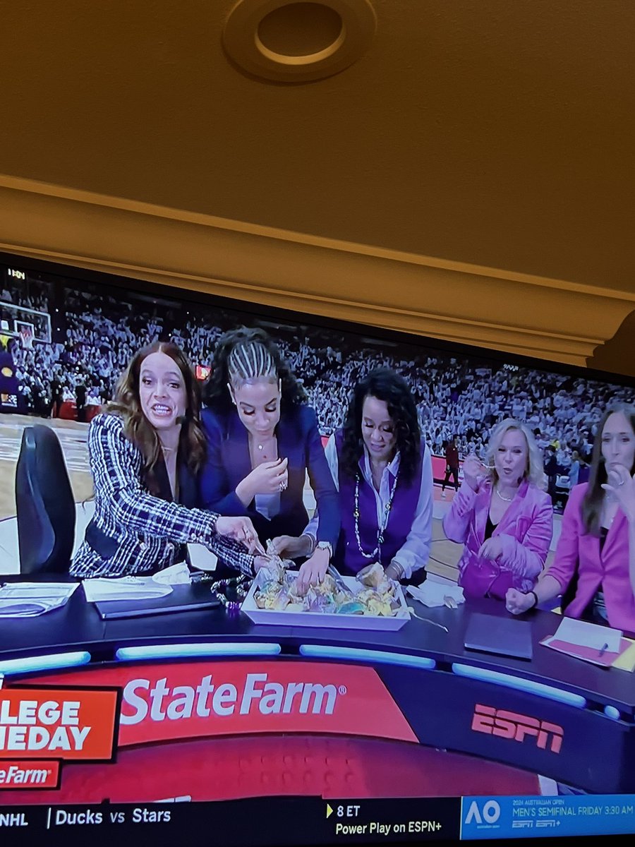 chris_m_landry's tweet photo. Someone call the FBI about whatever the women’s Gameday crew just did to that king cake. 😂😂😂

#LSU https://t.co/AUwzAURuZh