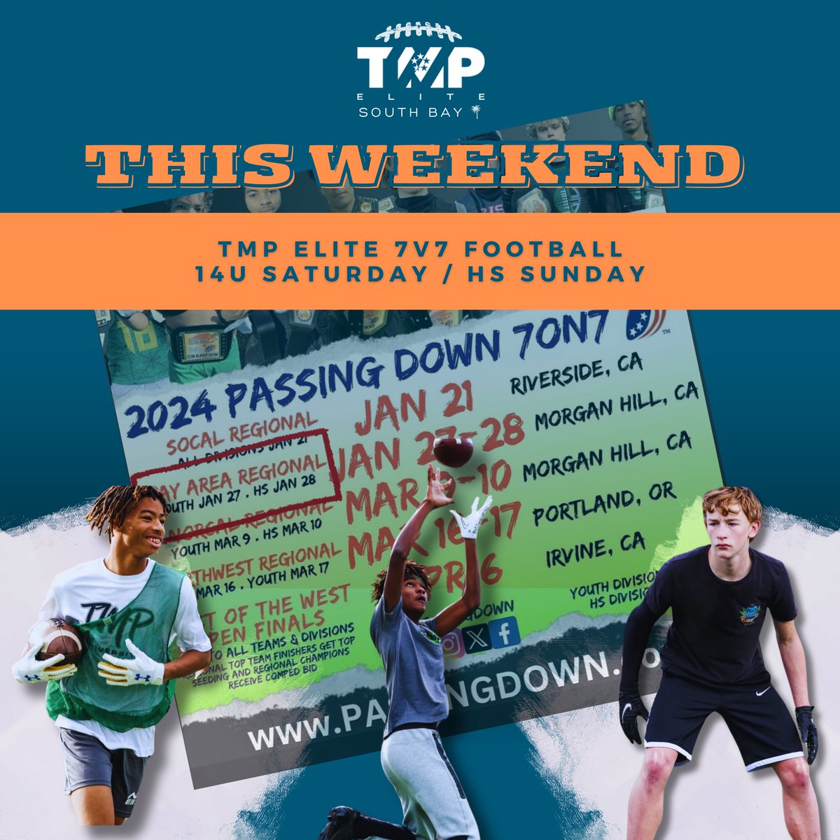 TMPsouthbay7v7's tweet photo. First tournament of 2024 @PassingDown looking forward to our TMP elite teams competing with some of the best! @CoachNeilParry @CoachTTMP @CoachMikeHillSF @CoachJAM3
#7v7szn #passingdown #7v7football https://t.co/jc1e8Ik8Pj