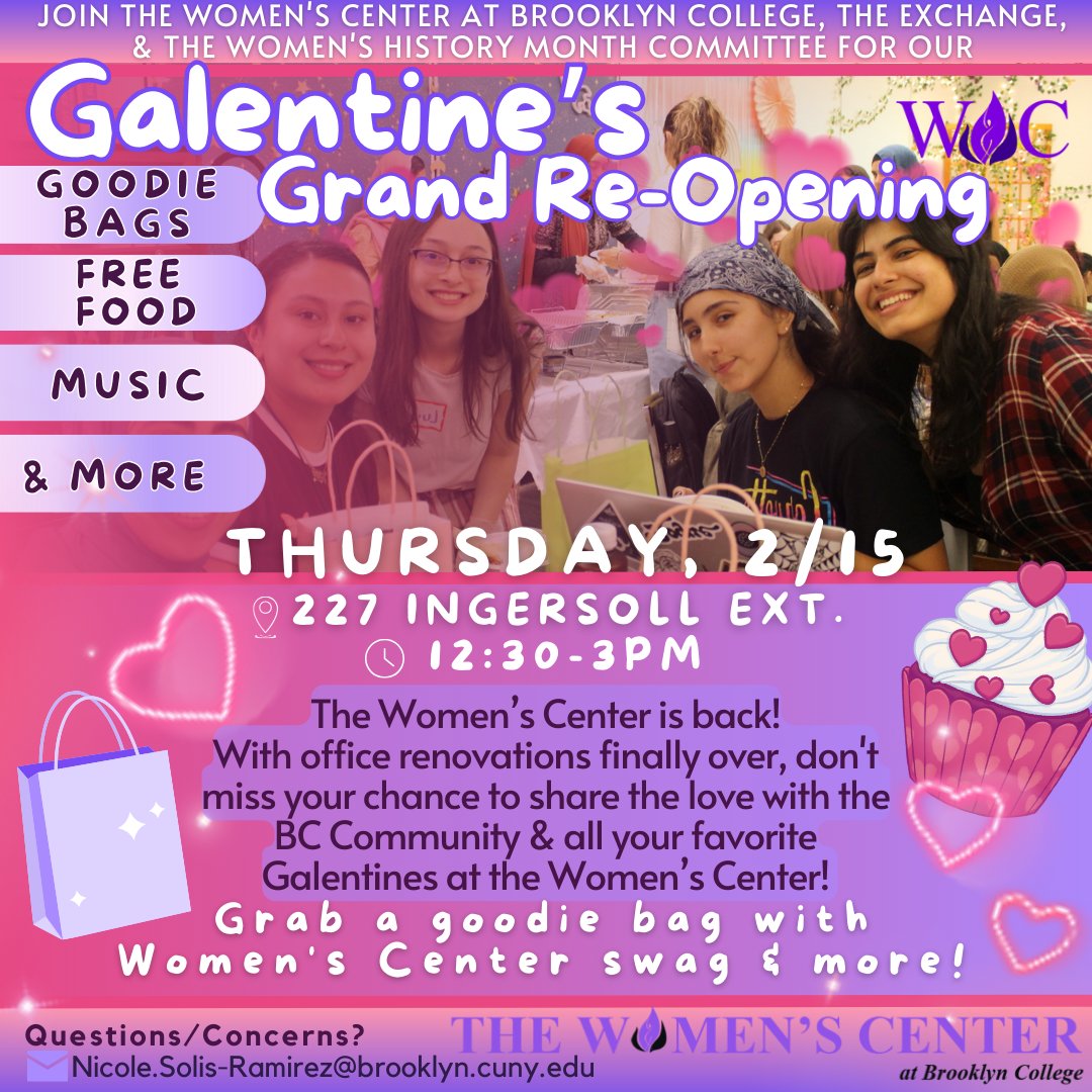 Forget a Valentine! Come celebrate with your best Galentine's at the Women's Center 🩷❤️🩷❤️ Join us for goodie bags🛍️, yummy free food🧁, music🎶 and more fun activities🎉. This event will be happening at the WC (227 Ingersoll Extension) Thursday, February 15th @12:30pm