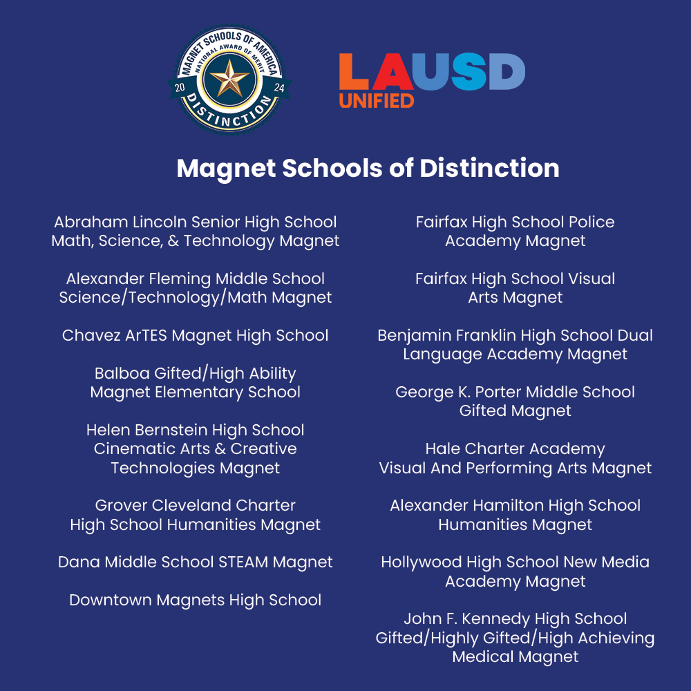 LASchools's tweet photo. Recognizing outstanding academic excellence and innovation, the Magnet Schools of America has awarded 44 Los Angeles Unified programs with National Merit Awards – surpassing Los Angeles Unified previous record-setting year in 2023 of 40 winning programs. https://t.co/3izw0UVgNP
