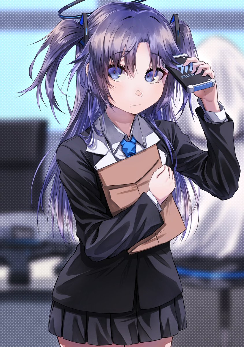 yuuka (blue archive) 1girl skirt halo necktie jacket purple hair two side up  illustration images