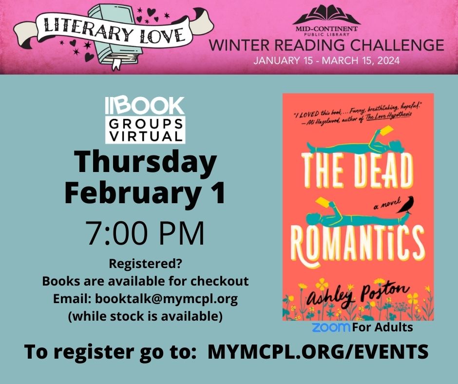Come join the book discussion! We'll be talking about “The Dead Romantics” by Ashley Poston. bit.ly/4aM9JCw