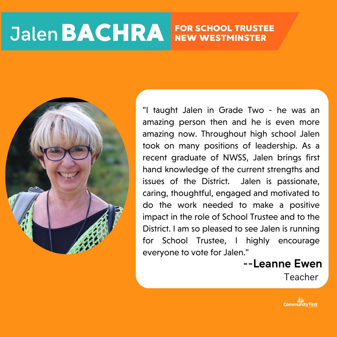 Thank you to former school trustee Michael Ewen, and to Jalen's former teacher Leanne Ewen, for your support of Jalen Bachra in the school board by-election.