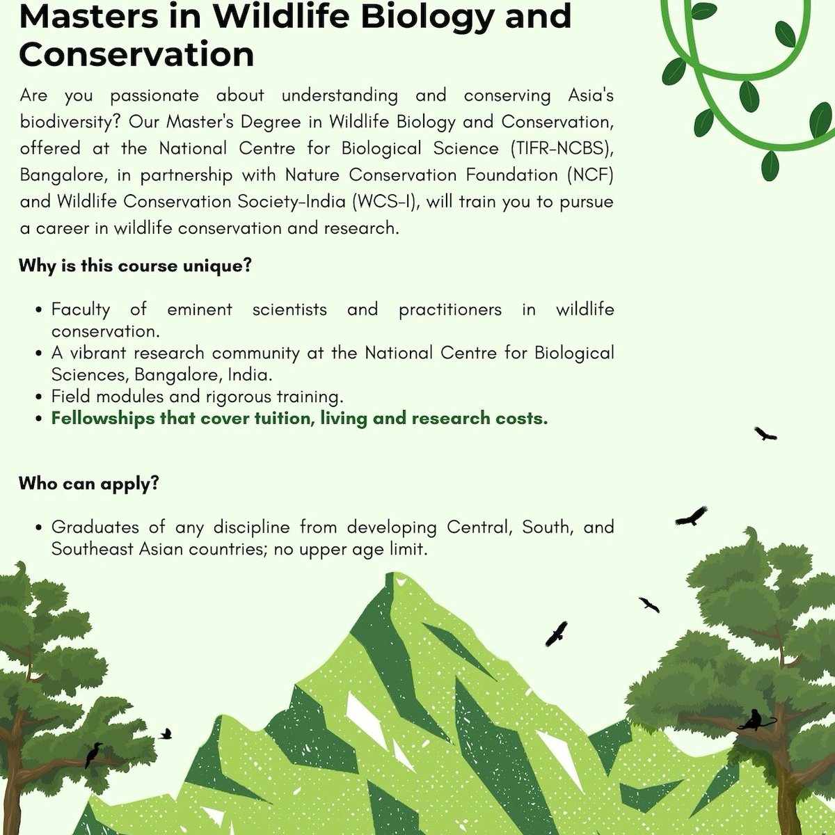 MSc_Wildlife's tweet photo. 📢Attention International students from developing Central, South and Southeast Asia, last date for  applications to the MSc program in Wildlife Biology and Conservation is 31st January'2024 https://t.co/thPbxuYWm7 @NCBS_Bangalore @ncfindia @WCSIndia https://t.co/jMR32u1dJh