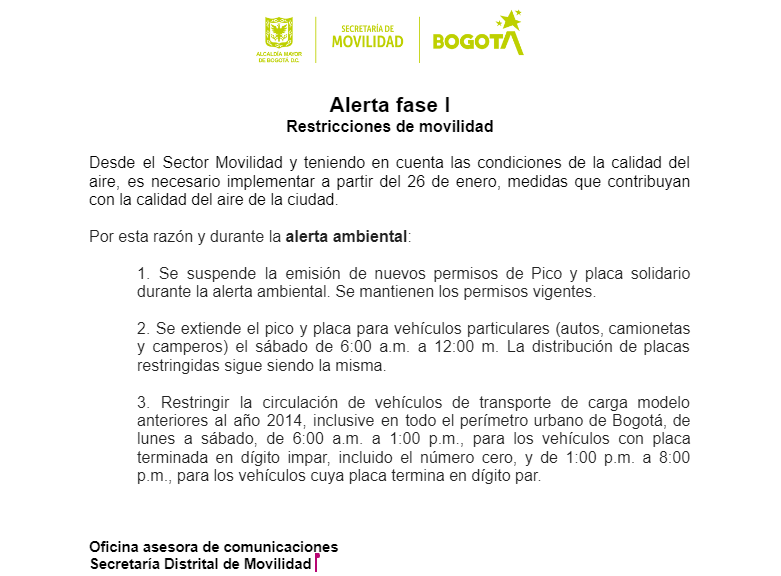 BogotaTransito's tweet image. 🚨ATENCIÓN

¡El alcalde @CarlosFGalan decreta alerta fase 1 por deterioro en la #CalidadDelAire!

Por lo anterior, se tomaron las siguiente medidas para la movilidad👇
