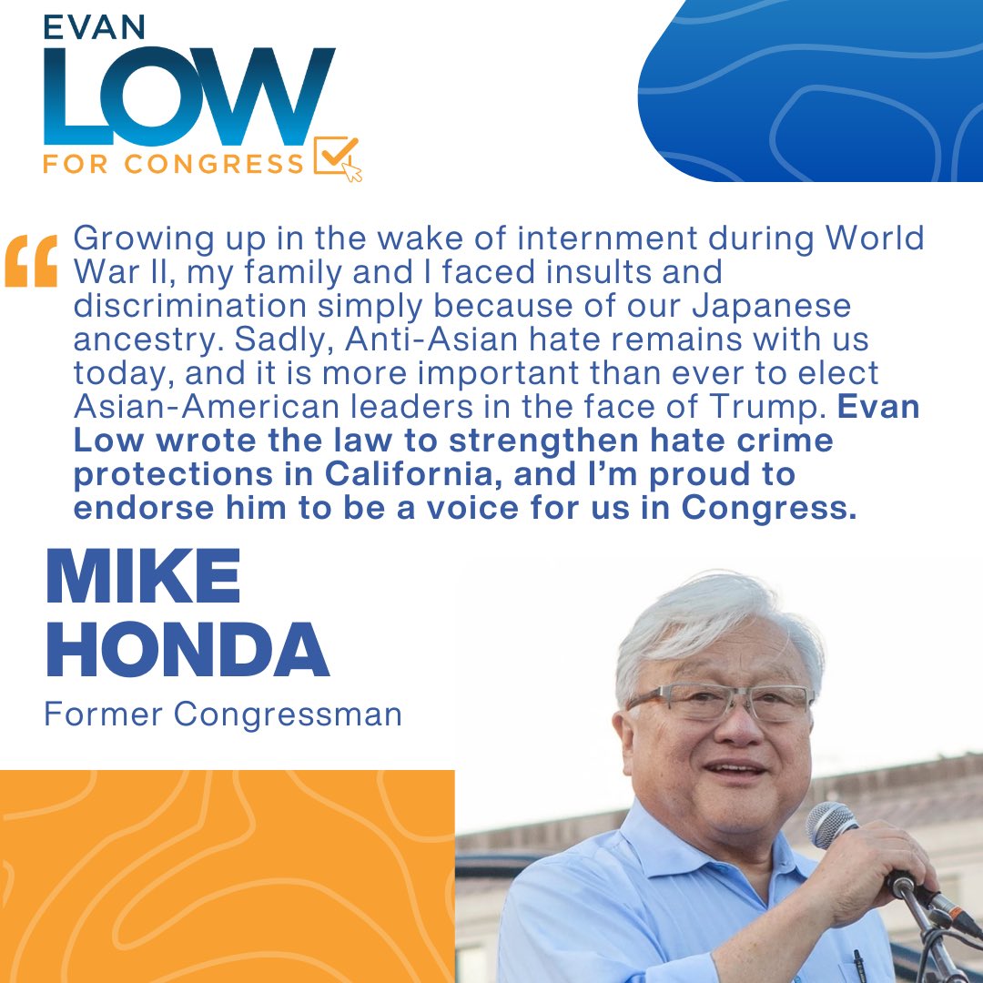 Evan Low (@evan_low) on Twitter photo āEvan Low wrote the law to strengthen hate crime protections in California, and Iām proud to endorse him to be a voice for us in Congress.ā
Thank you <a href="/mikehonda17/">Mike Honda</a> for the endorsement! āEvan Low wrote the law to strengthen hate crime protections in California, and Iām proud to endorse him to be a voice for us in Congress.ā
Thank you <a href="/mikehonda17/">Mike Honda</a> for the endorsement!