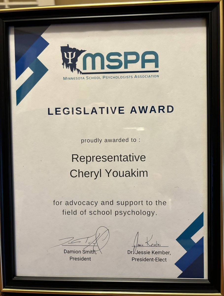 I was honored today to receive an award from the Minnesota School Psychologist Association <a href="/MNSchoolPsych/">Minnesota School Psych Association</a> . Many thanks to the incredibly hard working school psychologists that are in our schools and doing so much for our students health!