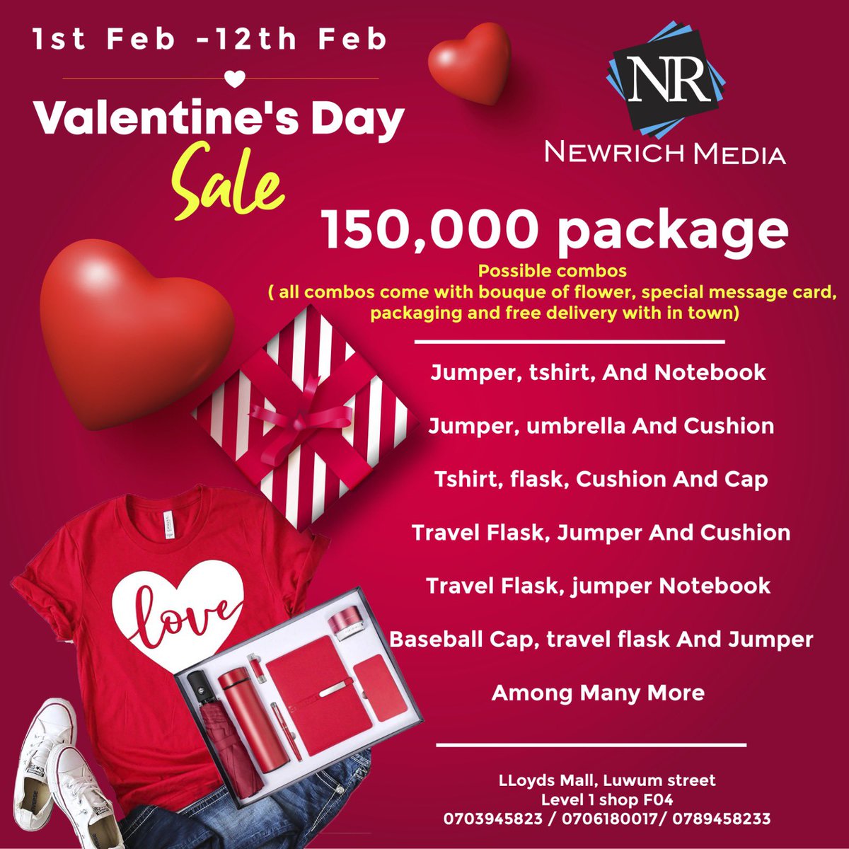 Newrich_Media's tweet photo. Valentine is coming 🥳🥳🥳

Where’s your…. Significant other. 🎶 

Bring that ka saved money before it’s too late and we get you nice gifts✅✅

Located at

Llyods Mall, Shop FO4
Luwum Street
Kampala. https://t.co/7kVs2g6RVq