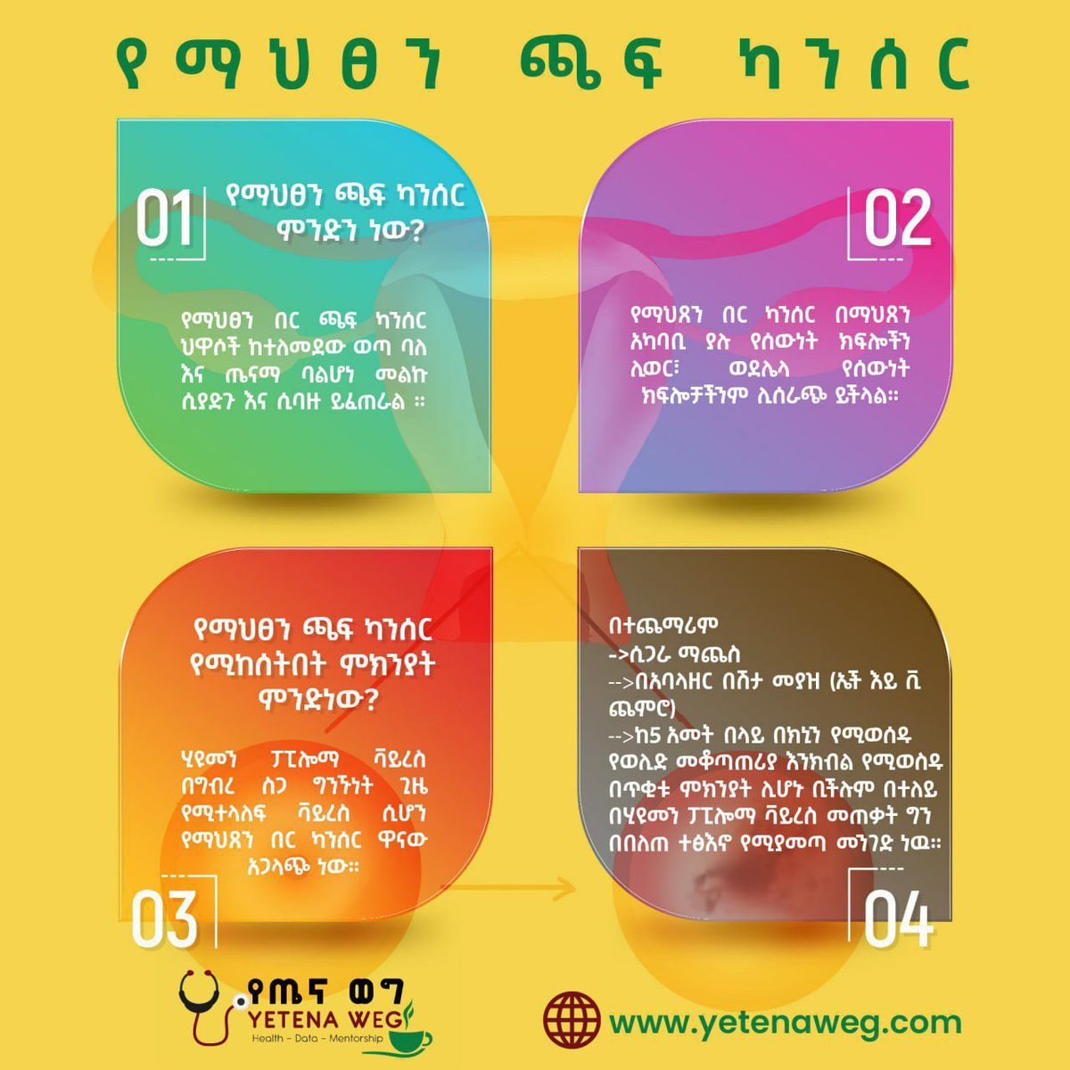 💥💥ጥር የማህፀን በር ካንሰር ግንዛቤ ማስጨበጫ ወር በመባል ይታወሳል።

✳️የማህፀን  ጫፍ ካንሰር ስንል ምን ማለት ነው?

✳️የማኅጸን በር ካንሰር በምርመራ ቀደም ብሎ ሲታወቅ ውጤታማ ሆነው በተሳካ ሁኔታ ሊታከሙ ከሚችሉ የካንሰር ዓይነቶች ውስጥ አንዱ