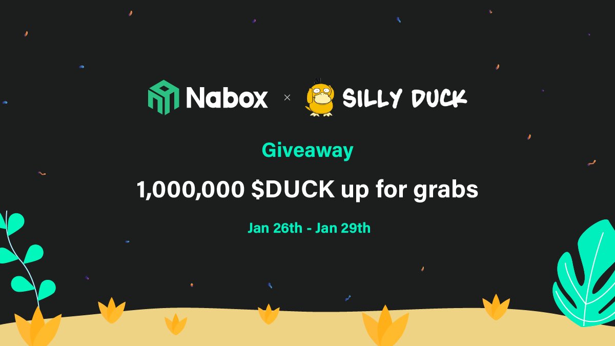 🦆Nabox x Silly Duck #Giveaway 

🎁1,000,000 $DUCK for 10 winners to share
⏰Jan 26th - Jan 29th
🍀Enter #NaboxID to try your luck at id.nabox.io/task/216

✨Details:
1. RT, like, @ 3 friends
2. Follow <a href="/naboxwallet/">Nabox</a> &amp; @SillyDuckSol 
3. Join discord.gg/mQVXZJXMkn &amp;