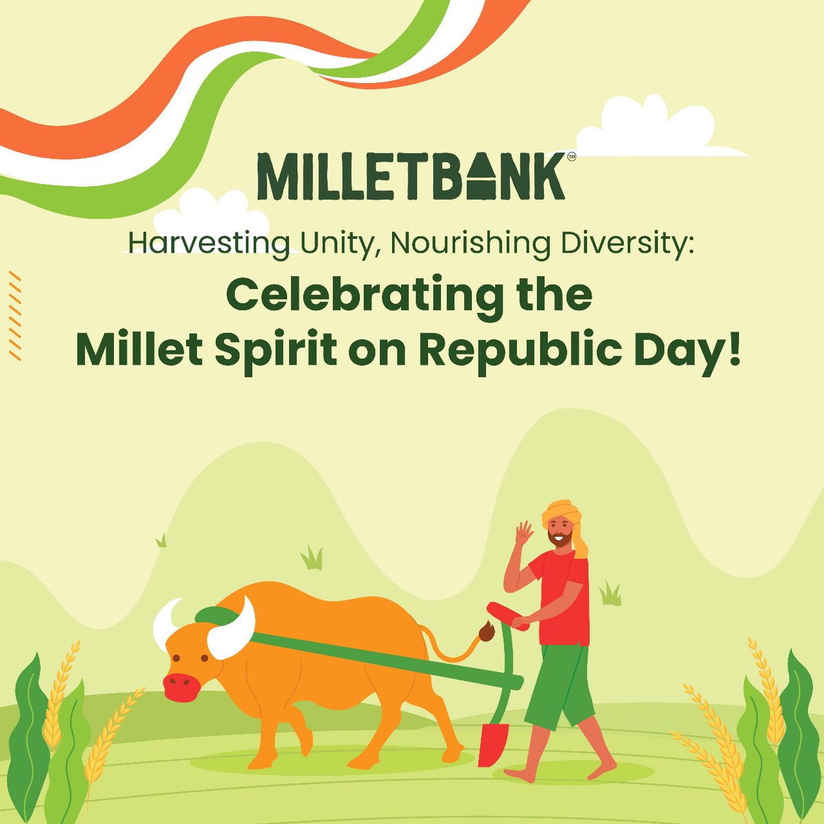 Today, as we celebrate the spirit of unity and freedom, let's pledge to build a healthier and happier nation together. Embrace the goodness of millets for a nutritious lifestyle, contributing to the well-being of our incredible country. #RepublicDay #HealthyNation #MilletBank