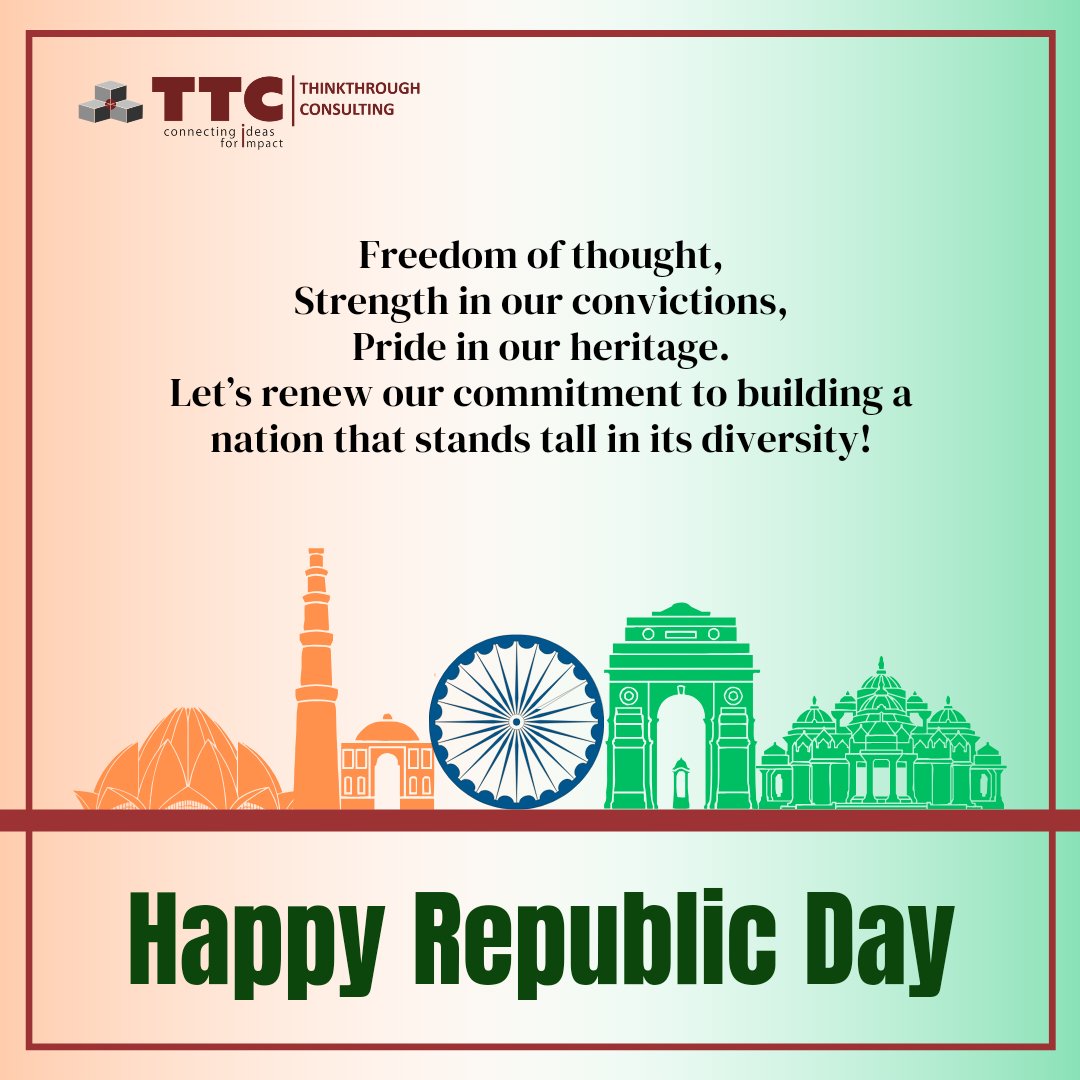 We salute the essence of sovereignty and togetherness. May the principles of our constitution inspire continued growth & collaboration. Happy Republic Day 🇮🇳 #ThinkthroughConsulting #RepublicDay2024 #UnityInDiversity #ProgressTogether #Constitution #UnityInAction #IndiaInspires