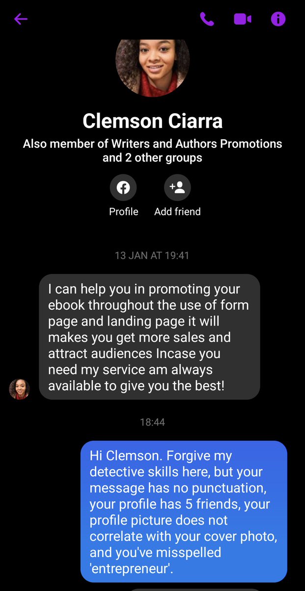 J_agombarAuthor's tweet image. Oh, Clemson 🤦 was it really a good try? Picked the wrong writer! 🤔
Follow me for more spambot abuse.
#authoscam #spambot #writerproblems #windup #readingcommunity #writingcommunity #jagombar