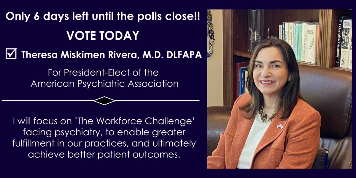 I will continue to work on behalf of our @APApsychiatric membership on critical issues including scope of practice expansions, advancing health equity, and decreasing administrative burdens among others. Vote here lnkd.in/e6tN85vX DrMiskimen.com