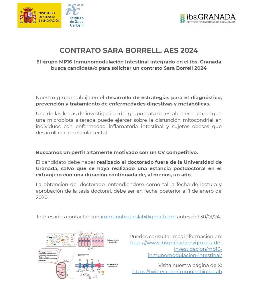 🕵🏽 ¡Buscamos Candidat@ Sara Borrell  👩‍🔬🧑‍🔬
👉Interesado/a contactar con immunobioticslab@gmail.com 🧬🔬
‼️Aún estás a tiempo de presentar tu candidatura
🗓️ Deadline 30-01-2024
<a href="/CanalUGR/">Universidad Granada</a>
<a href="/ibsGRANADA/">ibs.GRANADA</a> <a href="/CIBM_UGR/">Centro de Investigación Biomédica</a> <a href="/CIBM_UGR/">Centro de Investigación Biomédica</a> <a href="/PostdocO/">Postdoc Predoc Opportunities</a> <a href="/PostDocsForum/">The PostDocs Forum</a> <a href="/postdoc_es/">南宁</a> #postdoc