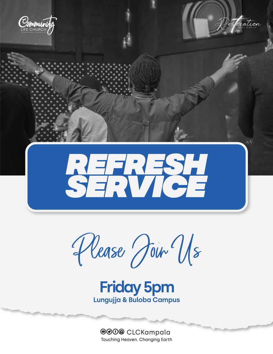 🫂🔥🌊
The last Friday of SEEK 21, means physical corporate prayer. 

It's a few hours to our Refresh Service! 😌🙏

A refreshing atmosphere filled with power and miracles, signs and wonders awaits you this evening at 5PM.

#RefreshFridays
#CLCKampala