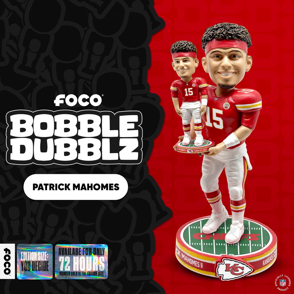 AllChiefdUp's tweet photo. Mahomes holding himself as a bobble head? YES PLEASE! #teamfoco has done it again & you can only buy this limited edition bobble head until 10:59am TODAY FRIDAY!! Grab it now at the 🔗 below!! #chiefs #kcchiefs #kansascitychiefs #patrickmahomes #chiefskingdom @focobobbles https://t.co/2azRNrpFJY